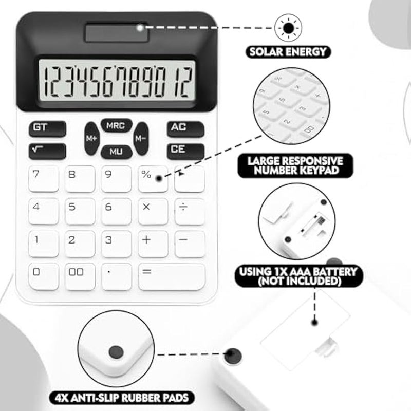 Arabest White Calculator, Standard Calculator,Basic Office Calculator with 12 Digit LCD Display,White Office Supplies,Cute Calculator for Office, Home, School,Shop - Image 3